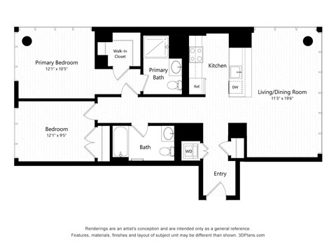 Floor plan for 2 beds, 2 baths, 1162 sqft